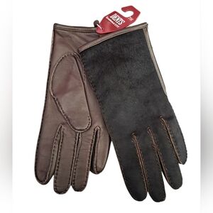 Dents Leather & Sherling Gloves Womens Brown Zip Detail Size 7H (S) NEW